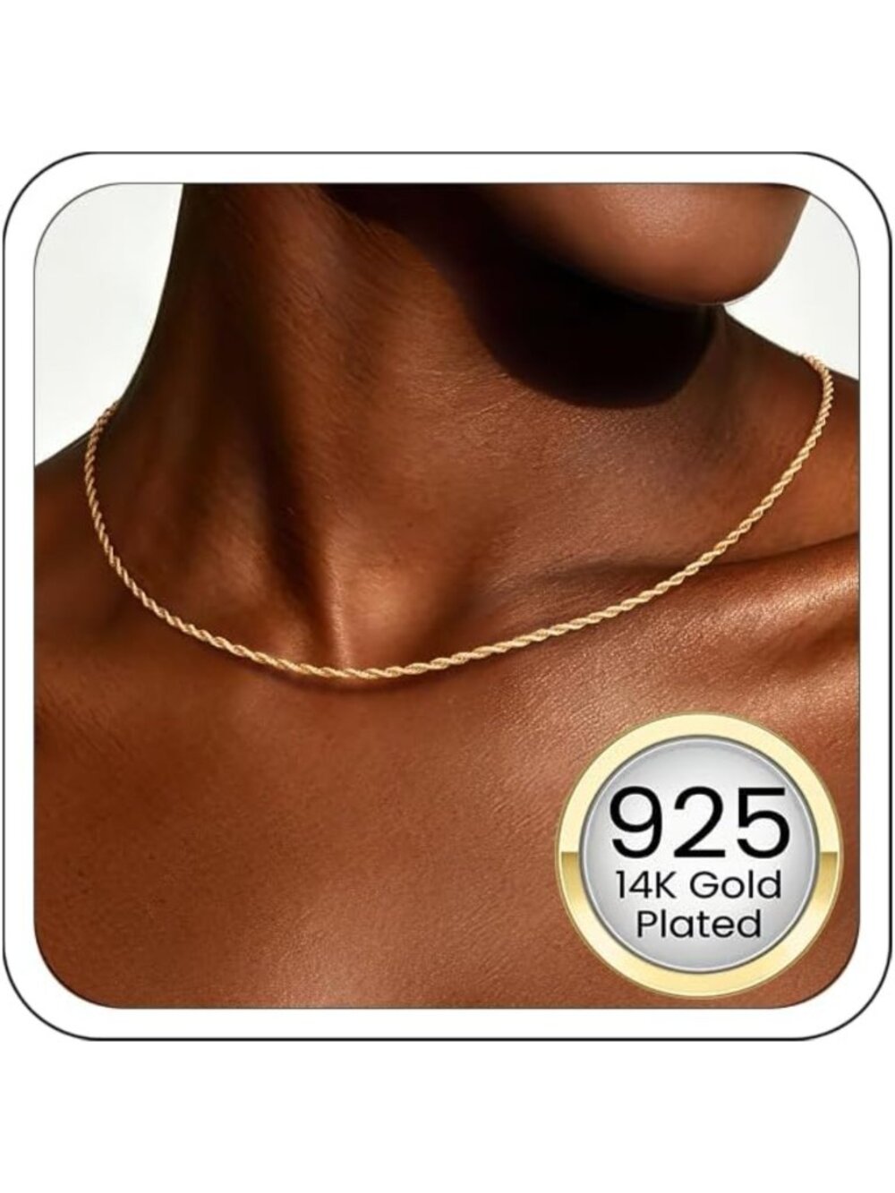 14K Gold Plated 1.5mm Sterling Silver Rope Chain Necklace for Women